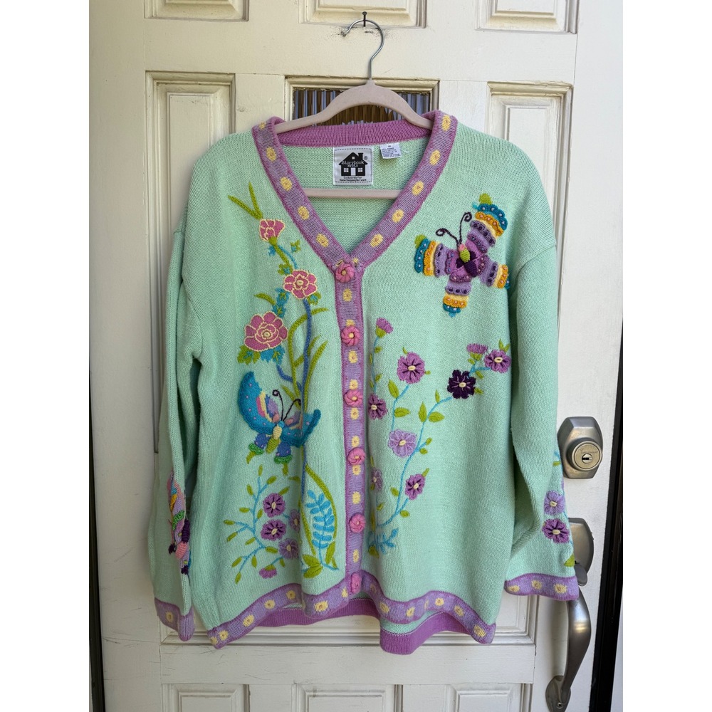 Storybook Knits Mint Green Floral Butterfly Embroidered Cardigan V-Neck Size 1X